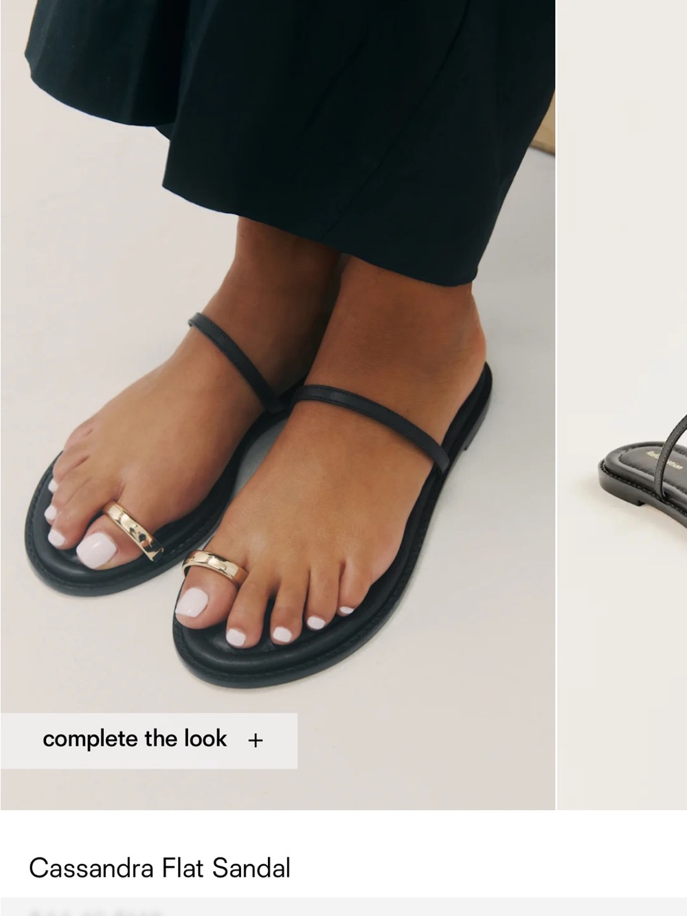 Reformation Cassandra Flat Sandal — Black with Gold Toe Ring Size 9